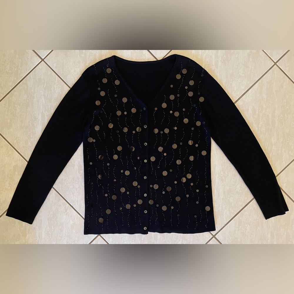 Morgan Cole Black Embellished Cardigan Tank Set Sequin Beaded Size L Silk Rayon